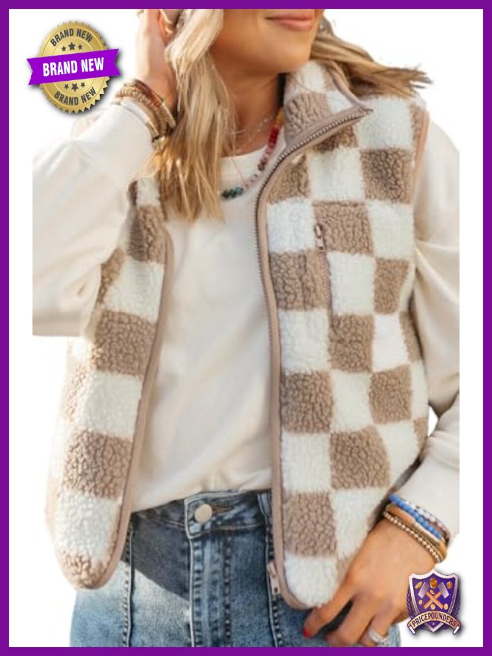 Women Checkered Sherpa Fleece Vest Fall Winter Sleeveless Outerwear
